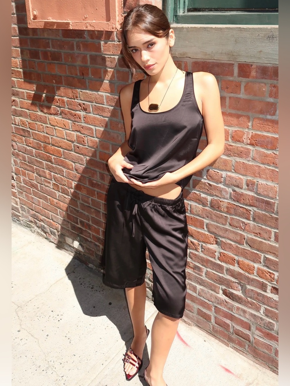 Isalis Serena Silky Satin Tank and Long Bermuda Shorts Set in Black - Size Small
